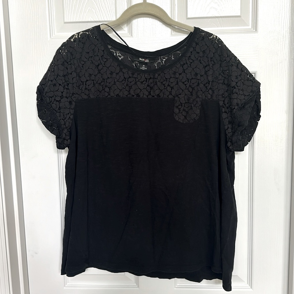 Shirt with black lace upper section and solid cotton bottom